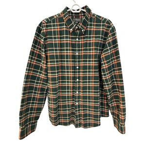 LL Bean Signature Slim Fit Flannel Shirt Mens Large Green Orange Plaid 300556